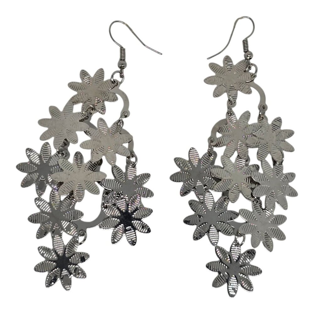 Silver Floral Motif Dangle Earrings With Fishhook Closures
